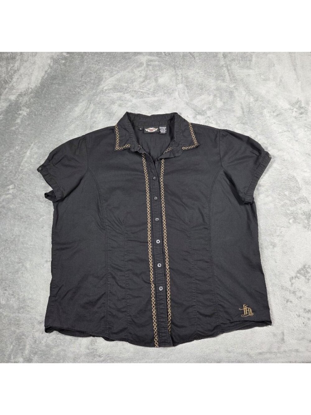 Harley Davidson Top Womens 1X Black Biker Gold Embroidery Button Up 1W